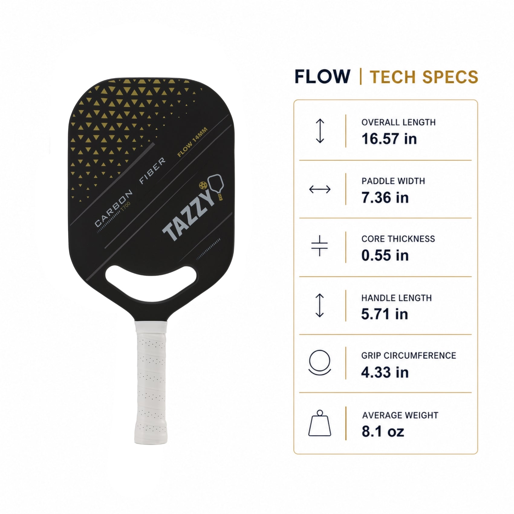 Tazzy Flow 14mm T700 Carbon Fiber Pickleball Paddle | Speed & Control