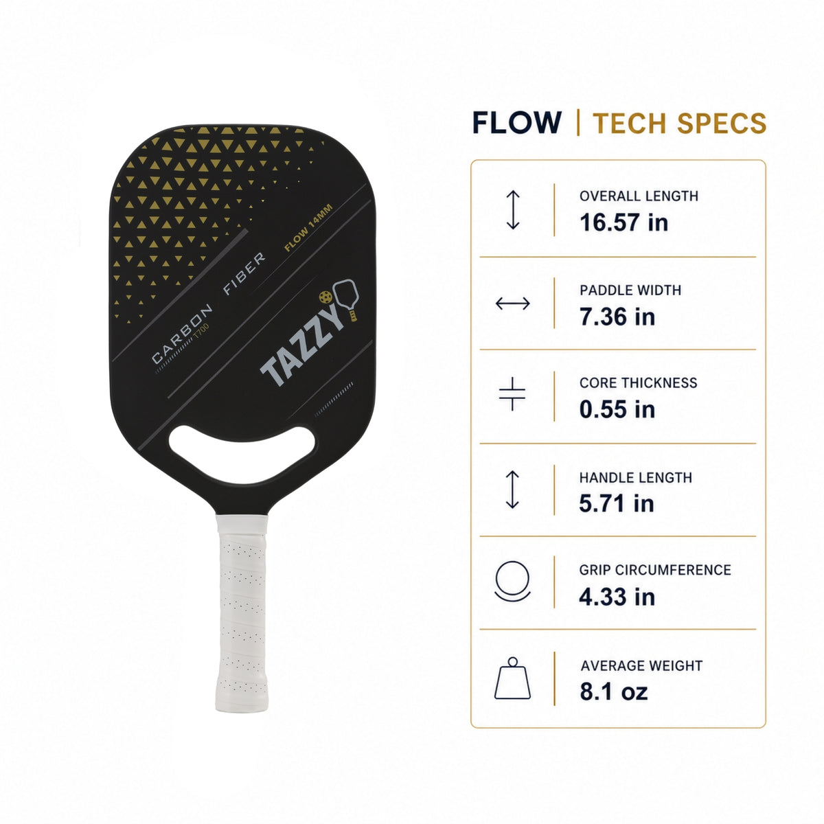 Tazzy Flow 14mm T700 Carbon Fiber Pickleball Paddle | Speed & Control