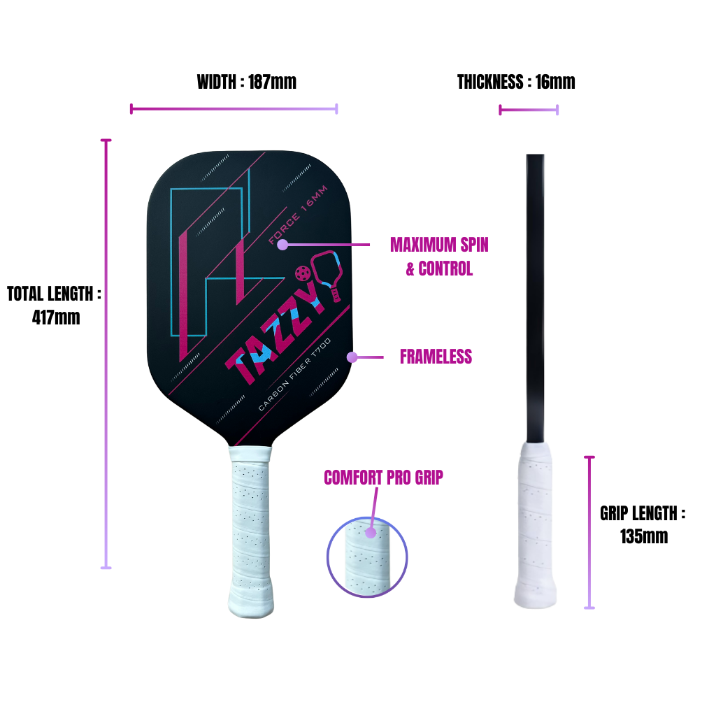 Tazzy Force – T700 Carbon Fiber Pickleball Paddle 16mm | Frameless Thermoformed Build for Maximum Power