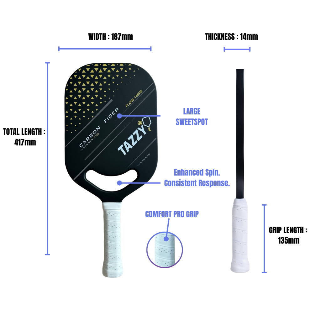 Tazzy Flow – T700 Carbon Fiber Pickleball Paddle 14mm | Frameless Thermoformed Design for Speed & Control