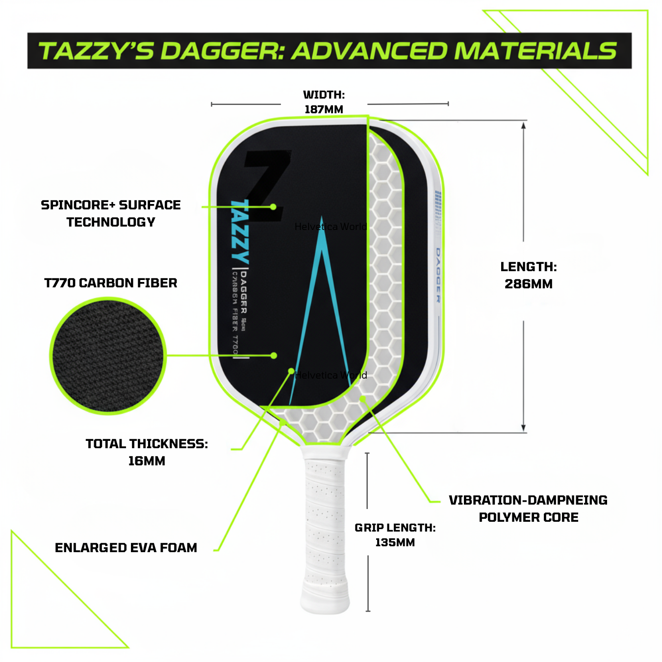 Tazzy Dagger – Carbon Fiber Pickleball Paddle 16mm | Thermoformed Build for Power & Precision