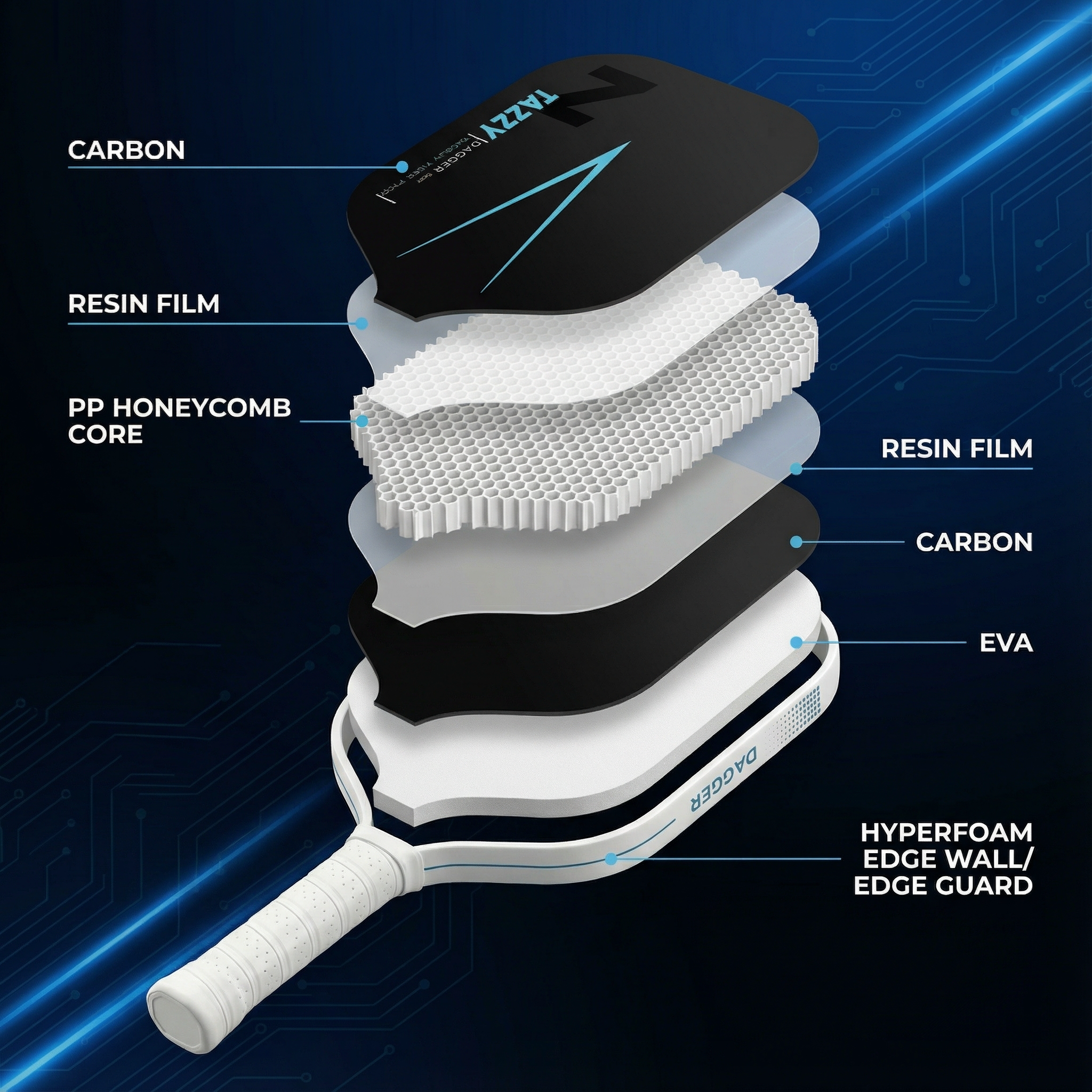 Tazzy Dagger 16mm Carbon Fiber Pickleball Paddle | Reach & Control