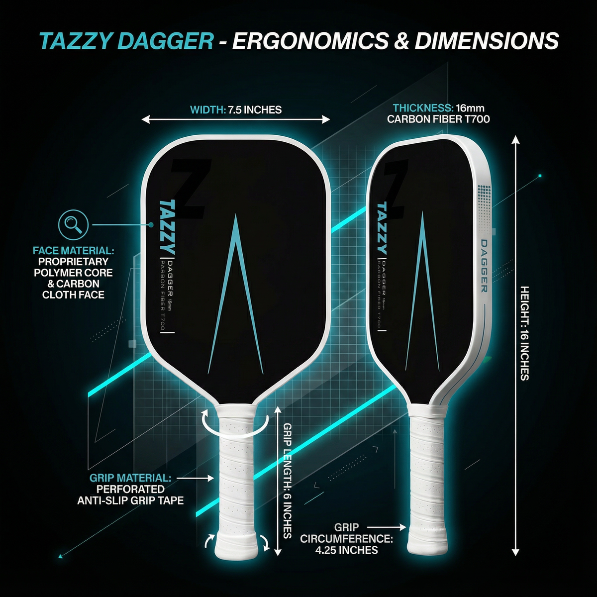 Tazzy Dagger 16mm Carbon Fiber Pickleball Paddle | Reach & Control