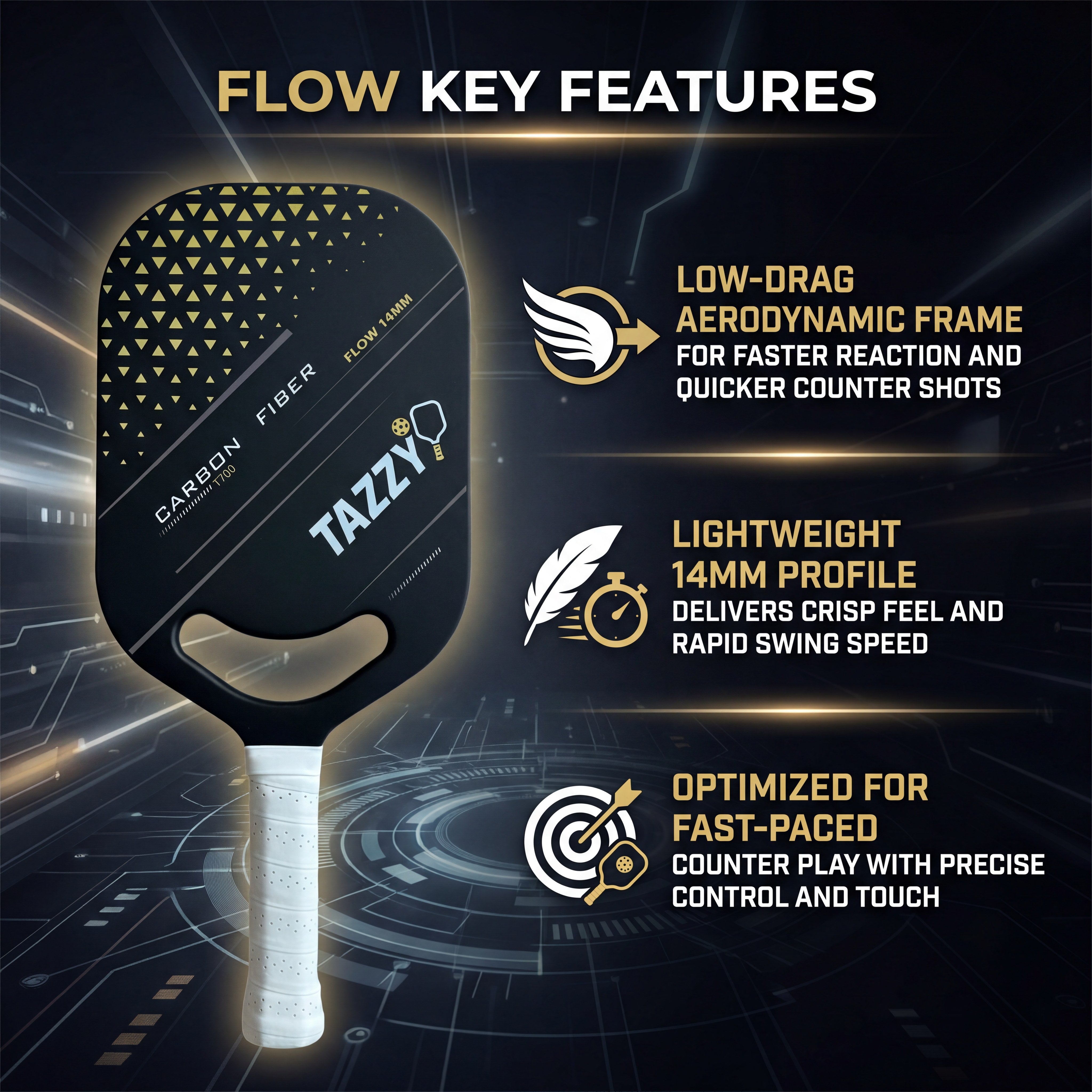 Tazzy Flow 14mm T700 Carbon Fiber Pickleball Paddle | Speed & Control