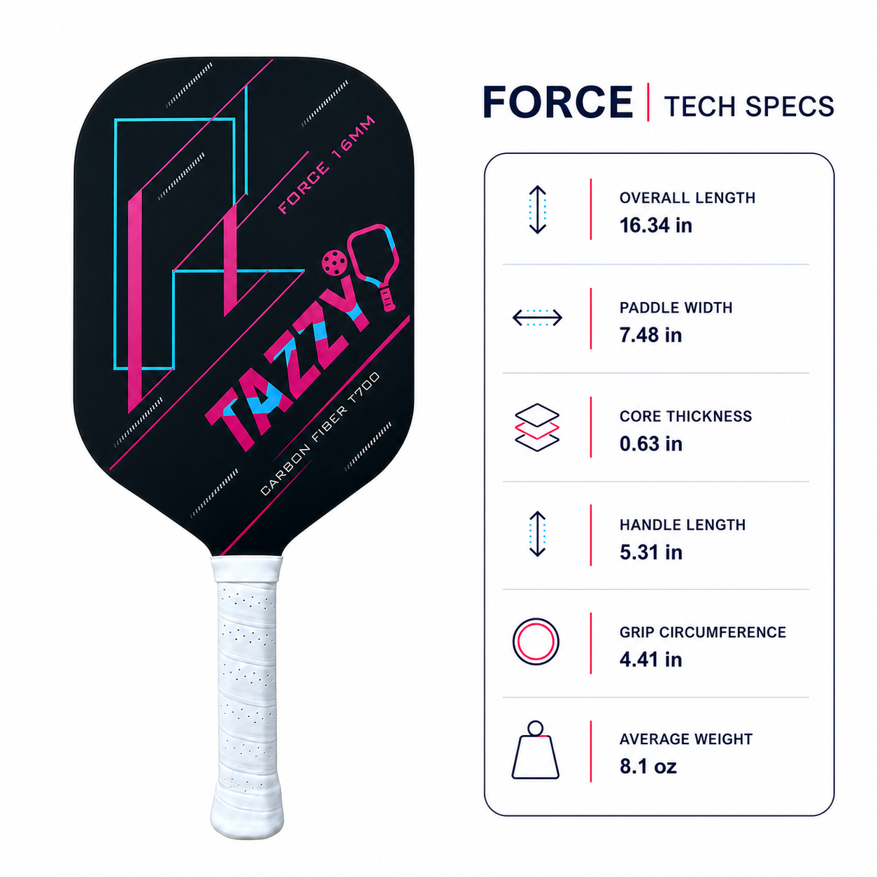 Tazzy Force 16mm T700 Carbon Fiber Pickleball Paddle | Power & Control