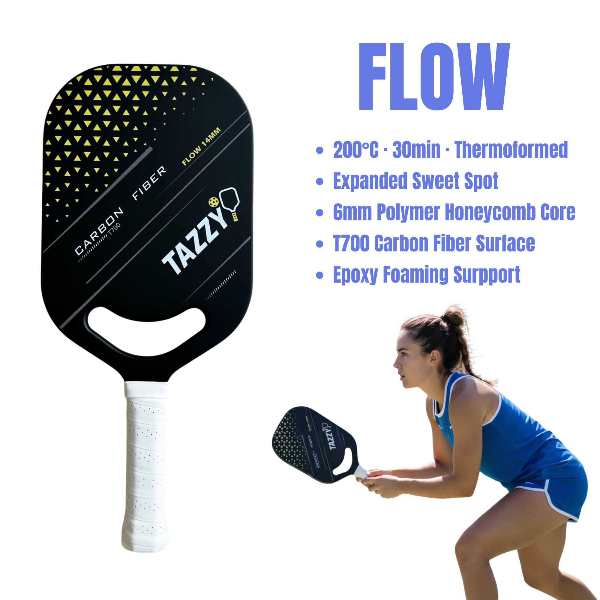 Tazzy Flow – T700 Carbon Fiber Pickleball Paddle 14mm | Frameless Thermoformed Design for Speed & Control