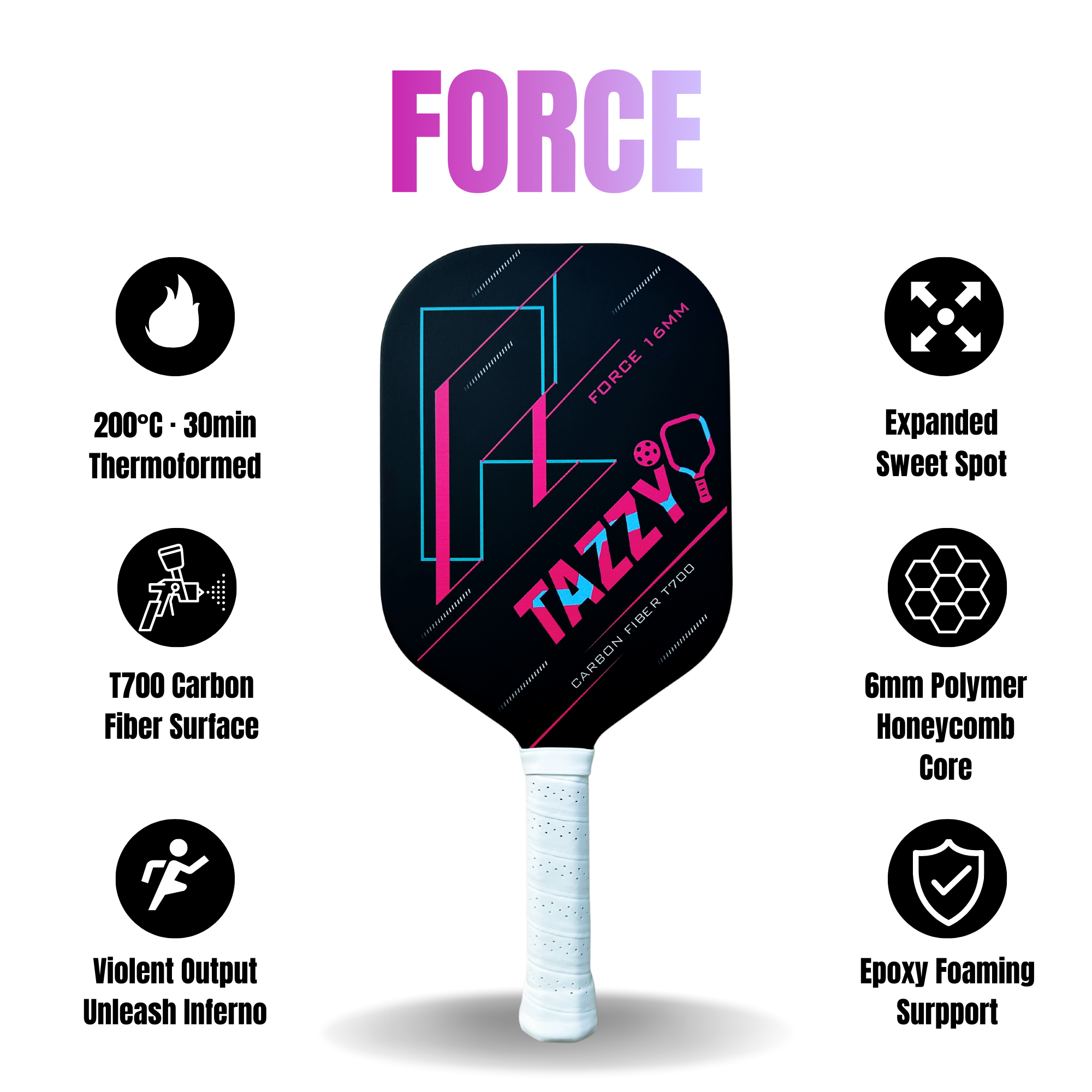 Tazzy Force – T700 Carbon Fiber Pickleball Paddle 16mm | Frameless Thermoformed Build for Maximum Power