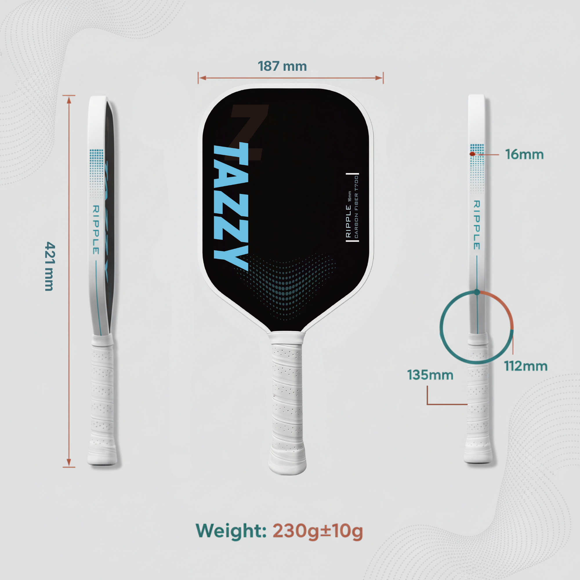 Tazzy Ripple – Carbon Fiber Pickleball Paddle 16mm | Thermoformed Frame with Enhanced Spin & Vibration Control