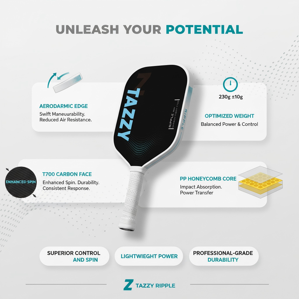 Tazzy Ripple 16mm Carbon Fiber Pickleball Paddle | Control & Comfort