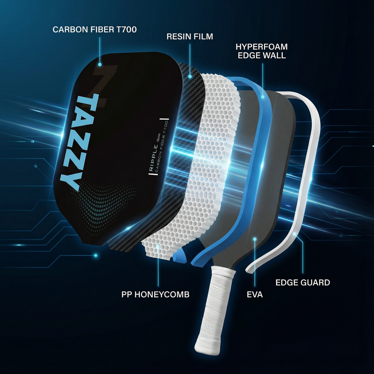 Tazzy Ripple 16mm Carbon Fiber Pickleball Paddle | Control & Comfort