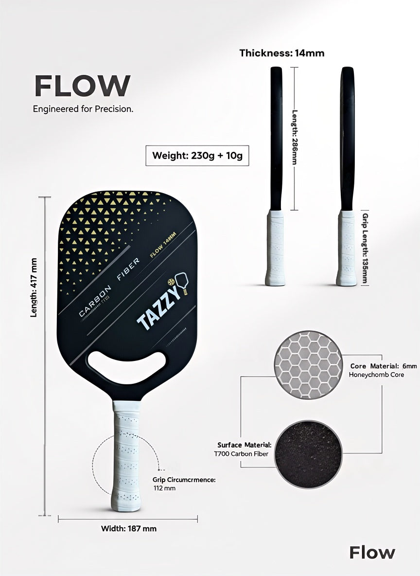 Tazzy Flow - Carbon Fiber T700 Frameless Pickleball Paddle - Thermoformed - 14MM -  Honeycomb Core