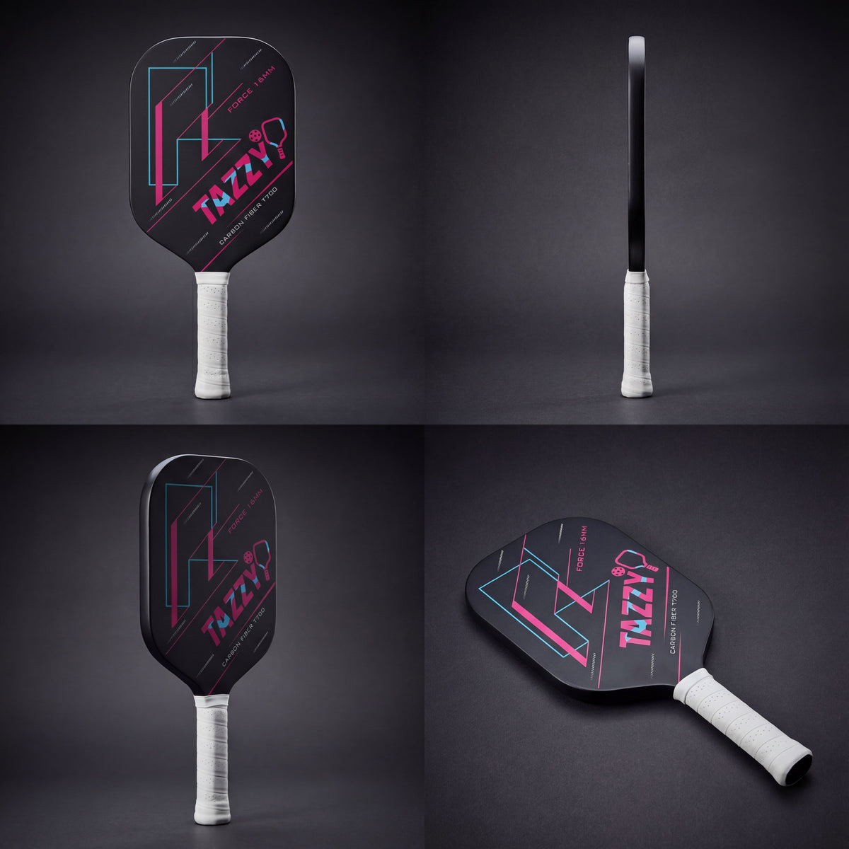 Tazzy Force 16mm T700 carbon fiber pickleball paddle shown from multiple angles